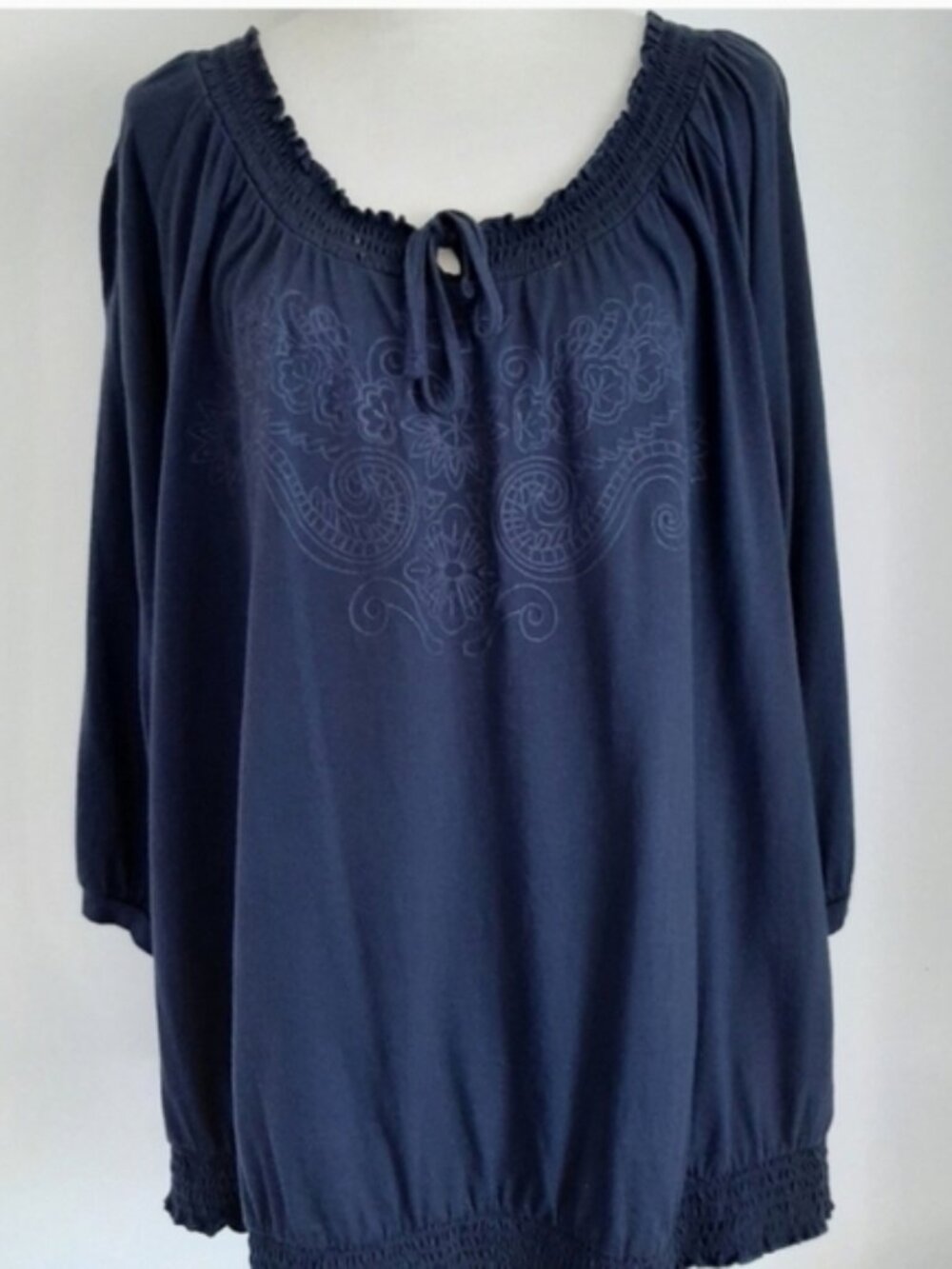 Lane Bryant Navy Blue Boho Peasant Top Blouse  Sz 28 Elastic Waist